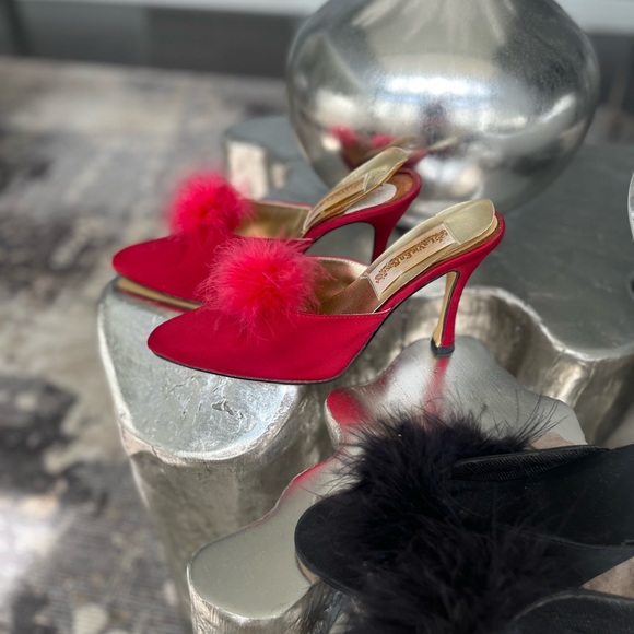 Red and black satin true vintage sexy mules size 8 new and in worn condition 70s - Picture 10 of 16